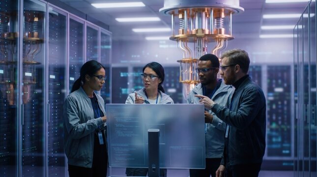 Diverse team of quantum computer scientists discussing data on a transparent screen in a futuristic lab