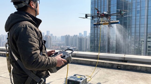 Worker on a rooftop using a remote control to operate a drone spraying water to clean a glass skyscraper