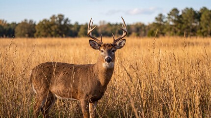 Obraz premium Majestic white tailed buck deer standing alert in a golden meadow during a sunny autumn afternoon captured in this striking wildlife photograph that showcases the natural beauty of the animal