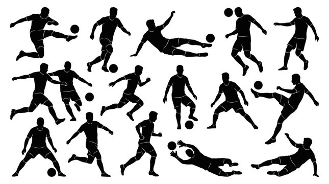 Silhouettes of soccer players kicking ball.