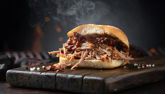 Smoked Pulled Pork Sandwich with Smoke on Rustic Board