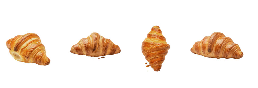Set of 4 Fresh Baked Golden Croissants, Isolated PNG Clipart, Delicious French Pastry for Breakfast, Bakery, Cafe Menu, Food Photography, and Culinary Concepts, High-Quality Transparent Images for Res
