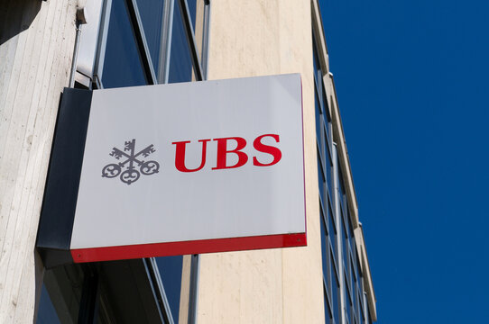 UBS Bank Sign and Logo on Office Building Facade in Lugano, Switzerland