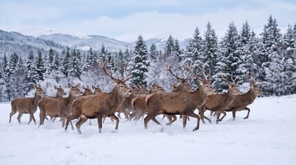 Obraz premium Majestic herd of red deer stags with large antlers running swiftly through deep fresh white snow in a beautiful wintry mountain landscape captured in this stunning and crisp nature photograph.