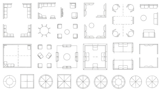 Collection of architectural floor plan furniture and seating arrangements architectural view side view