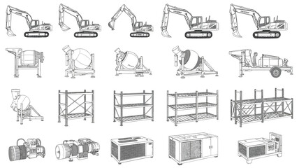 Collection of construction and industrial equipment line excavator digger construction vehicle heavy machinery © Siddhartha