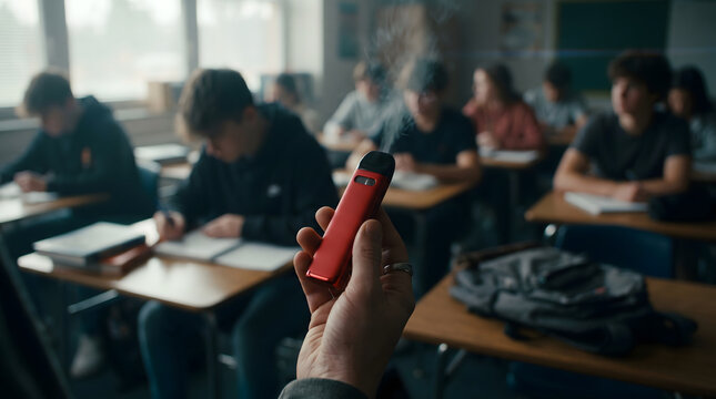 student holding vape pen in classroom