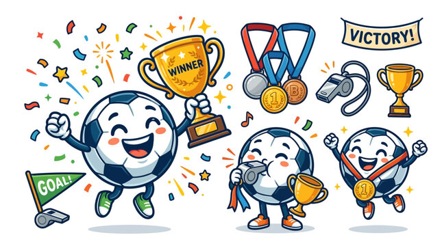 Soccer Balls with Medals and Trophies.