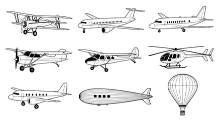 Collection of black and white line of various aircraft and airships airplane biplane helicopter blimp © Siddhartha