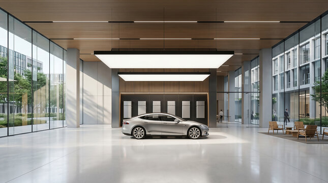 A Wide-Angle Architectural Photograph of a Sleek Silver Electric Sedan Displayed in a Modern, Minimalist Luxury Showroom with High Ceilings, Wood paneling, Glass Walls, and Bright Overhead Lightboxes.