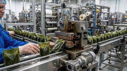 Fototapeta premium Quality control worker inspecting sealed pouches of green powder on factory conveyor belt