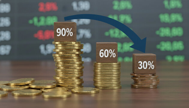 Stacks of gold coins decrease in height, topped with cubes showing percentages, symbolizing financial decline and stock market loss.
