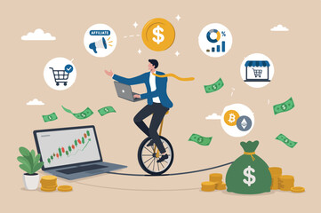 Make money online, earning form online investment or computer crypto trading, affiliate marketing or e-commerce sales concept, businessman expertise riding unicycle making money from computer laptop © Hanufa