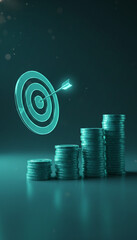 Fototapeta premium Glowing target with arrow hitting bullseye, stacks of coins symbolizing financial growth and success, representing achieving goals and prosperity.