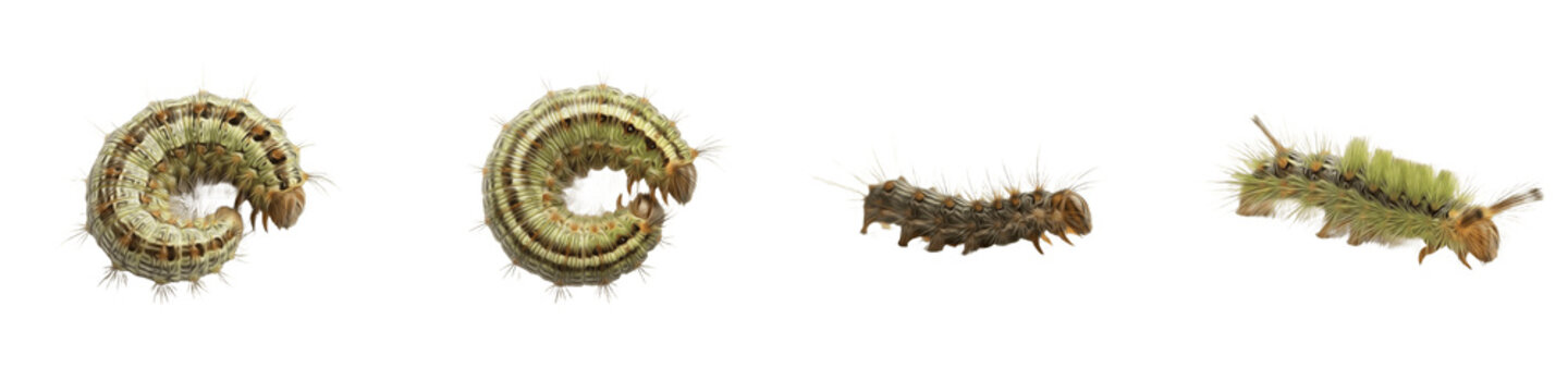 Caterpillar Larvae Set Isolated on White Background, Various Garden Pests and Leaf Eating Worms, Macro Insect Collection for Biological Studies, High-Quality Cutout PNG Images