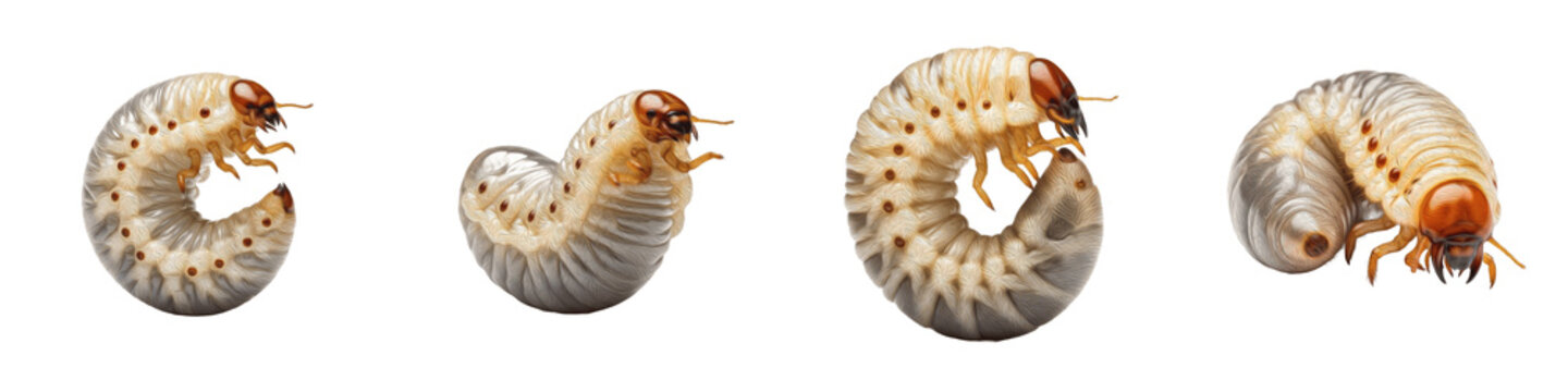 White Grub Larvae Set, Scarab Beetle Grubs Isolated on White Background, C-Shaped Garden Pests and Soil Dwelling Insect Larvae for Agricultural and Biological Studies, High-Quality Cutout PNG Images