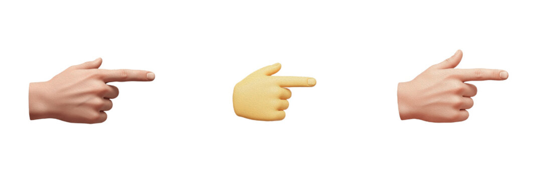 3D Pointing Hand Gesture Set, Realistic Index Finger Pointing Right Emoji Icons Isolated on White Background, Direction and Selection Indicator Sign Pack, Digital Communication Graphic Design Vector E