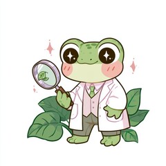 Obraz premium Kawaii frog with sparkly eyes and lab coat studies a small leaf using a magnifying glass, showcasing curiosity in a classroom.
