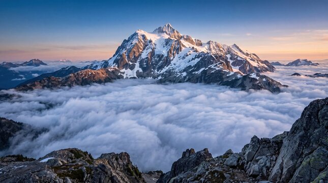 Majestic snow covered mountain peak rises above a dense layer of fluffy white clouds during a beautiful golden hour sunset in this breathtaking high altitude landscape photograph of nature scenery