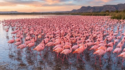 Fototapeta premium A massive flock of vibrant pink flamingos wade through the shallow waters of a serene African lake during a beautiful golden sunset in this stunning and peaceful wildlife nature photograph.