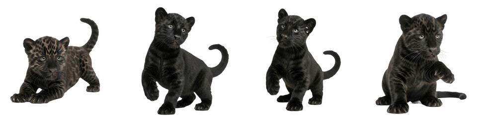 Set of Four Realistic Black Panther Cubs in Various Poses, Isolated Transparent Background PNG Collection for Wildlife, Jungle, Safari, and Big Cat Themed Graphic Design Projects and Creative Illustra © DesireDoue