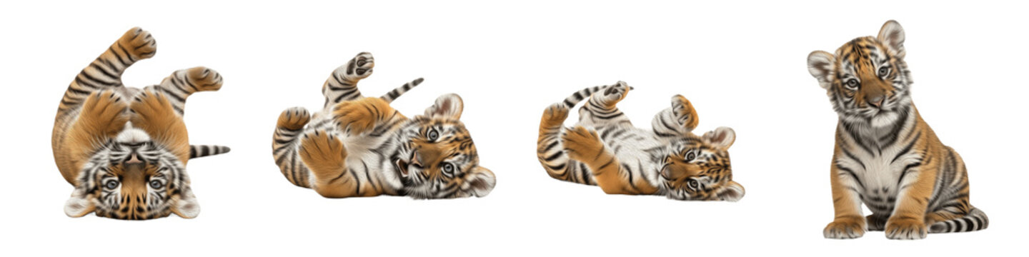 Set of Four Realistic Tiger Cubs in Various Poses, Isolated Transparent Background PNG Collection for Wildlife, Jungle, Safari, and Big Cat Themed Graphic Design Projects and Creative Illustration Ass