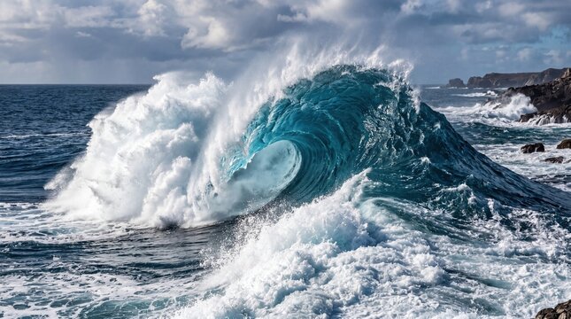 Powerful blue ocean wave crashes against a rocky coastline during a dramatic storm in this high quality photograph capturing the raw energy and intense movement of nature in the sea
