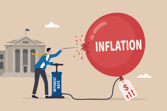 Reduce inflation by increase interest rate, FED or central bank monetary policy to cut or decrease inflation problem concept, businessman hand using needle to burst inflation balloon with price tag