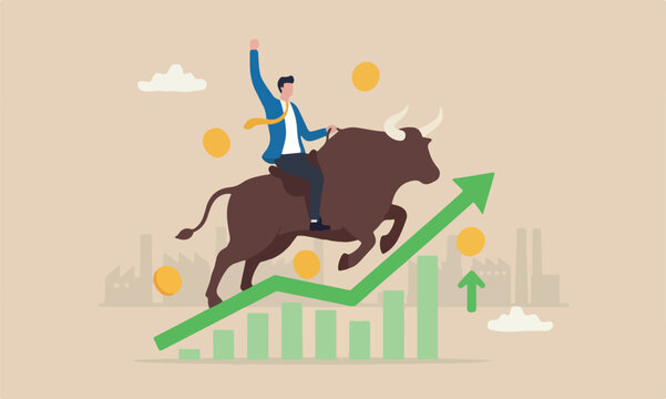 Stock value Big industrial and price rising up, investor and trader gain more profit concept, confident businessman investor riding bull running on rising up upward green graph