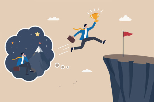 Turn dream to reality, creative or imagination to be success, aspiration, motivation to think big and achieve business goal concept, businessman with success trophy jump from think bubble to reality