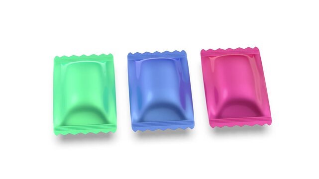 Three sachets with different colors for confectionary products