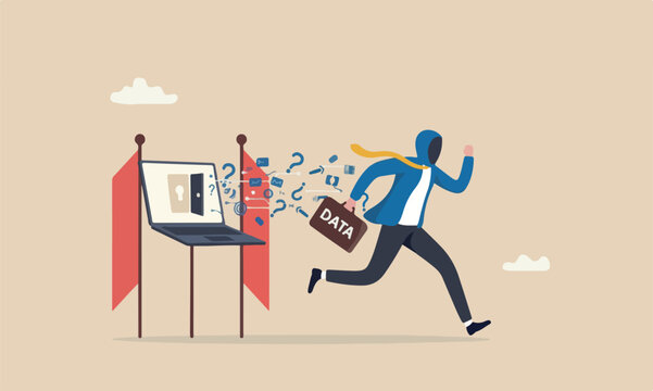 Computer hacke to steal personal data from computer, criminal man thief holding bag with the word DATA running away from secret door on laptop computer