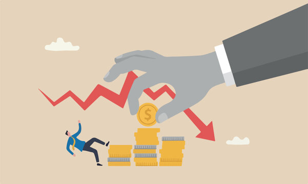 Investment illustratio giant hand pull back money from coin stack causing investor to fall down