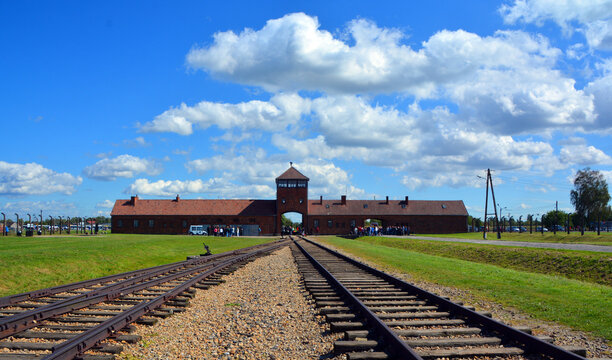 AUSCHWITZ BIRKENAU POLAND: Auschwitz concentration camp entrance was a network of German Nazi concentration camps and extermination camps built and operated by the Third Reich in Poland.