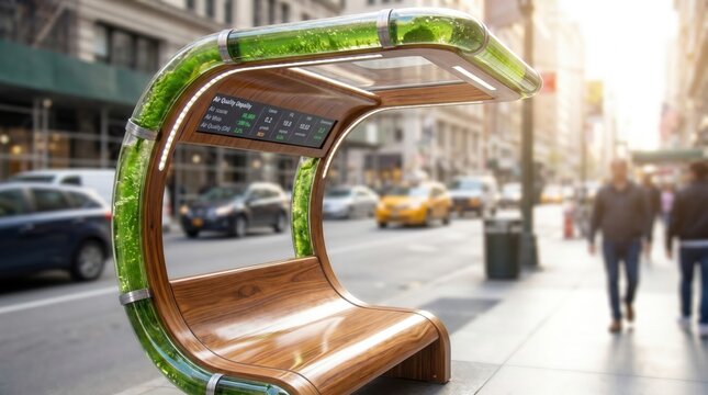Futuristic smart city bus stop bench featuring integrated algae air purifier and digital display