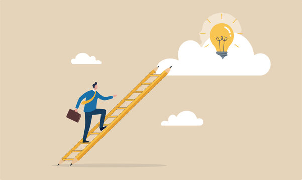 Creative innovative concept, businessman creative guy climbing ladder built from pencil to upper cloud to find lightbulb idea