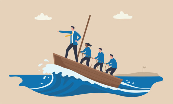 Courage survive, challenge or risk taker concept, businessman captain point finger to lead team sailing boat to survive big wave storm