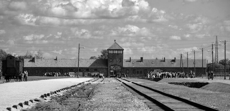 AUSCHWITZ BIRKENAU POLAND: Auschwitz concentration camp entrance was a network of German Nazi concentration camps and extermination camps built and operated by the Third Reich in Poland.