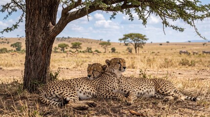 Two beautiful cheetahs resting peacefully under the shade of a large acacia tree in the vast african savanna during a bright day captured in this high quality wildlife travel photograph © PixelVistaStudio