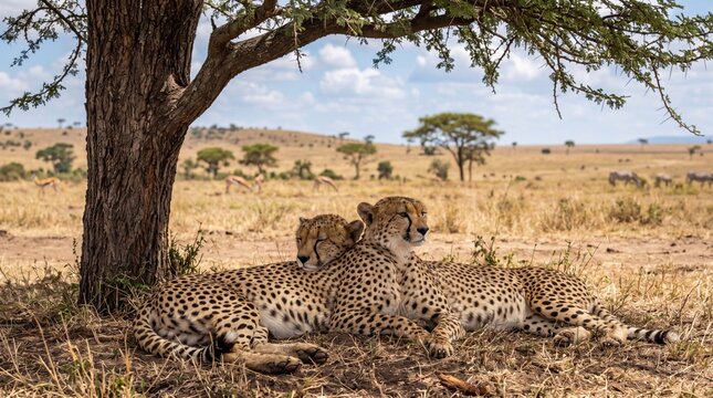 Two beautiful cheetahs resting peacefully under the shade of a large acacia tree in the vast african savanna during a bright day captured in this high quality wildlife travel photograph
