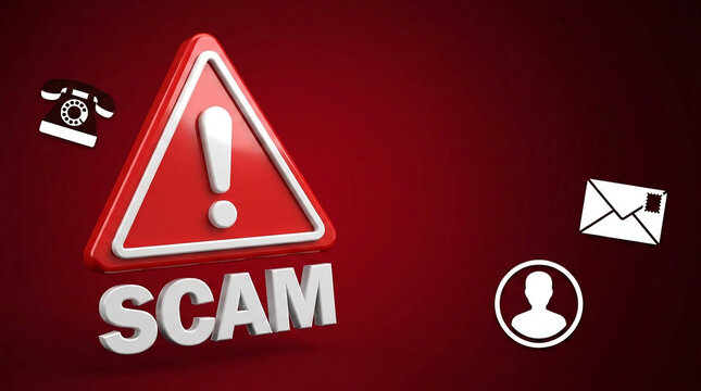 3D render of a red warning triangle with an exclamation mark above the word "SCAM", symbolizing danger, fraud, and deception, warning against malicious activities.