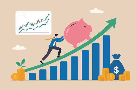 Saving or investment profit, compound interest graph or wealth incremental, investment earning from stock market mutual fund concept, rich businessman push big piggy bank up rising graph and chart