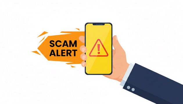Hand holding a smartphone displaying a scam alert notification with an exclamation mark symbol, representing digital danger and caution