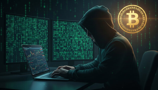 Hacker wearing a hooded sweatshirt working on a laptop with cryptocurrency symbol, representing digital security, cybersecurity, and financial technology