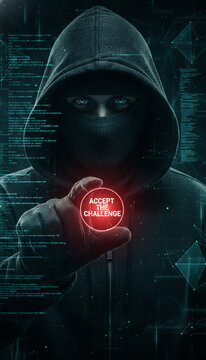 Person in hood and mask with glowing text "ACCEPT THE CHALLENGE", symbolizing challenge, mystery, and digital threat, with code background