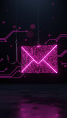 Naklejka premium Neon pink glowing envelope caught on a fish hook, with circuit board pattern background, symbolizing digital phishing and cyber threats