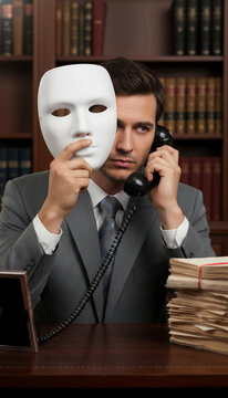 A man in a suit holds a white mask to his face while talking on a phone, symbolizing hidden identity or deception, a business concept.