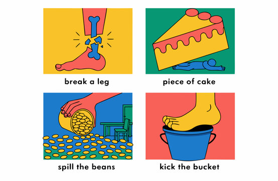 English Idioms Vector Visual Set Break Leg Piece Cake Spill Beans Kick Bucket Humor