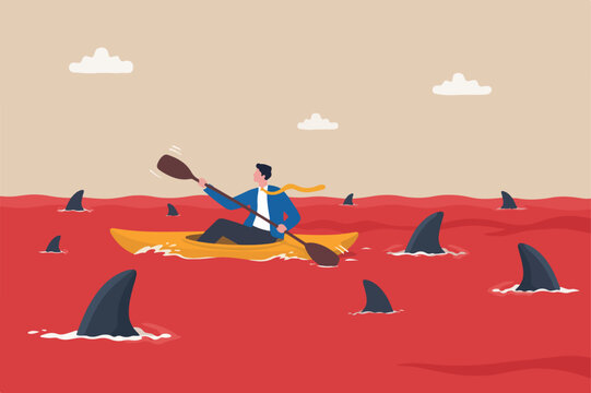 Red ocean market, high competition industry with too many competitors, intense market with challenge or difficult to success concept, businessman in kayak trying to survive in red ocean with sharks
