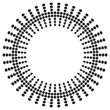 Black and white vector round frame featuring an intricate radial halftone dot pattern. Minimalist geometric design ideal for modern branding, logos, stencils, and graphic borders.